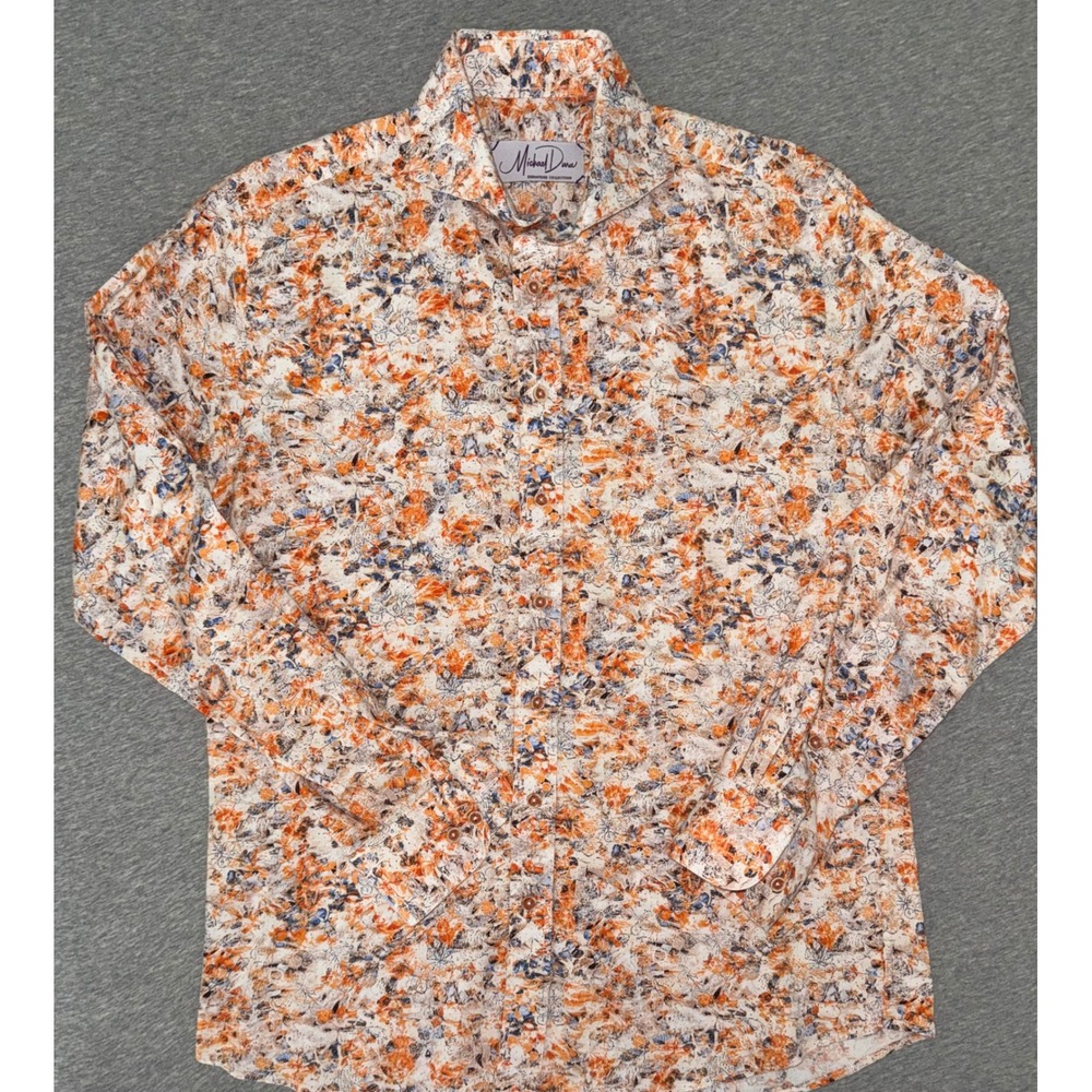 Michael Duru Designer Men Slim Fit Floral Abstract Shirt Orange Blue Sze Medium - Picture 4 of 7